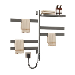 Electric Heated Towel Rack with Storage Rack, Rotating Towel Warmer Wall Mounted Drying Rack,Stainless Steel Towel Warmer 5 Bars with Built-in Timer, Plug-in or Hardwired,Grey
