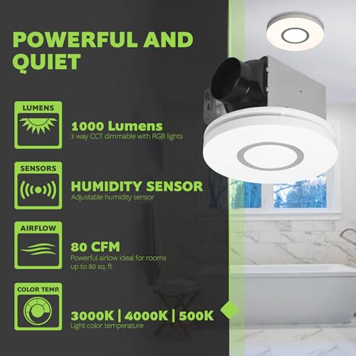 Homewerks 7141-80-RGB Bathroom Fan with Light LED Color Changing and Dimmable, SmartVent Humidity Sensing Ventilation Fan with Remote, 80 CFM 1.0 Sones