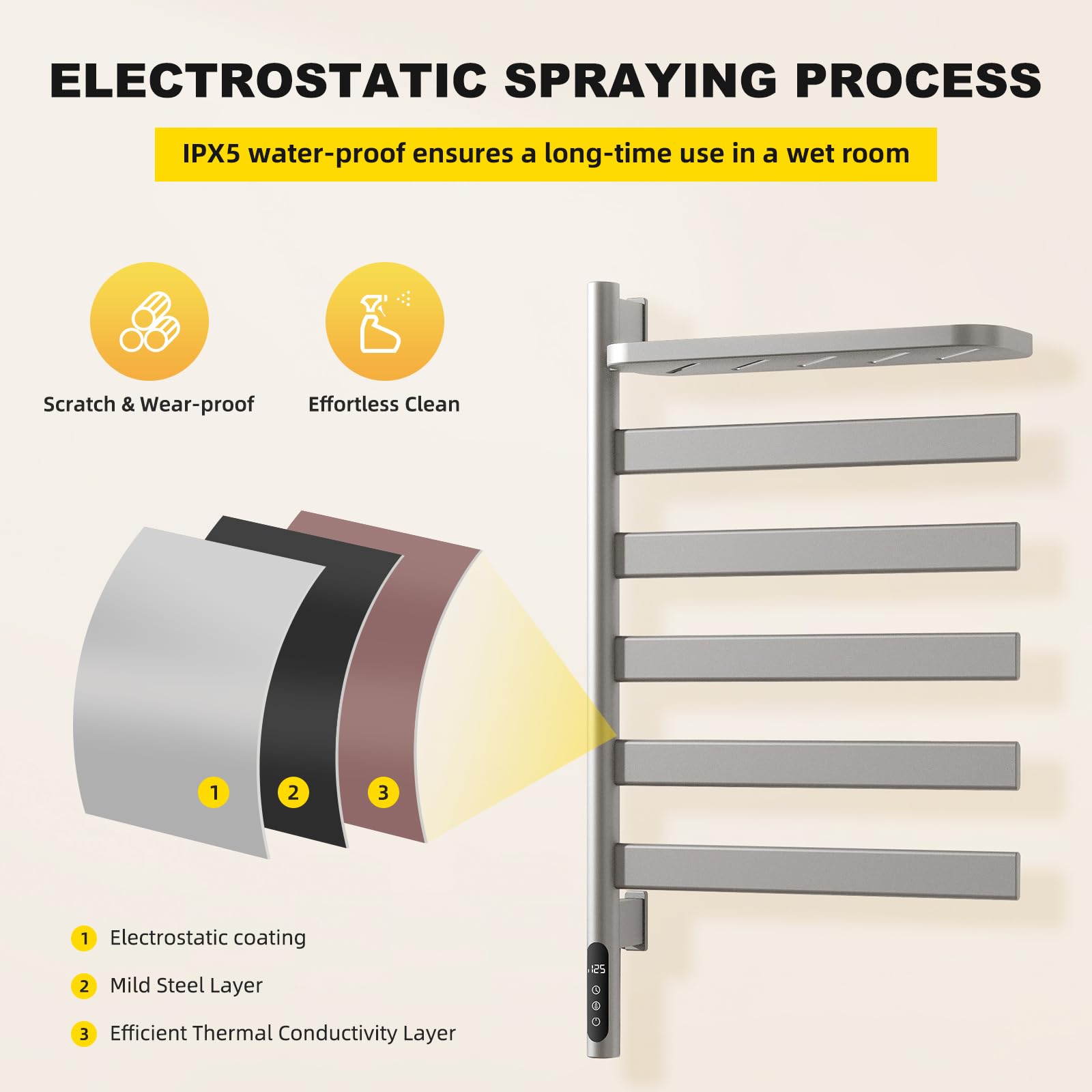 Electric Heated Towel Rack with Storage Rack, Rotating Towel Warmer Wall Mounted Drying Rack,Stainless Steel Towel Warmer 5 Bars with Built-in Timer, Plug-in or Hardwired,Grey