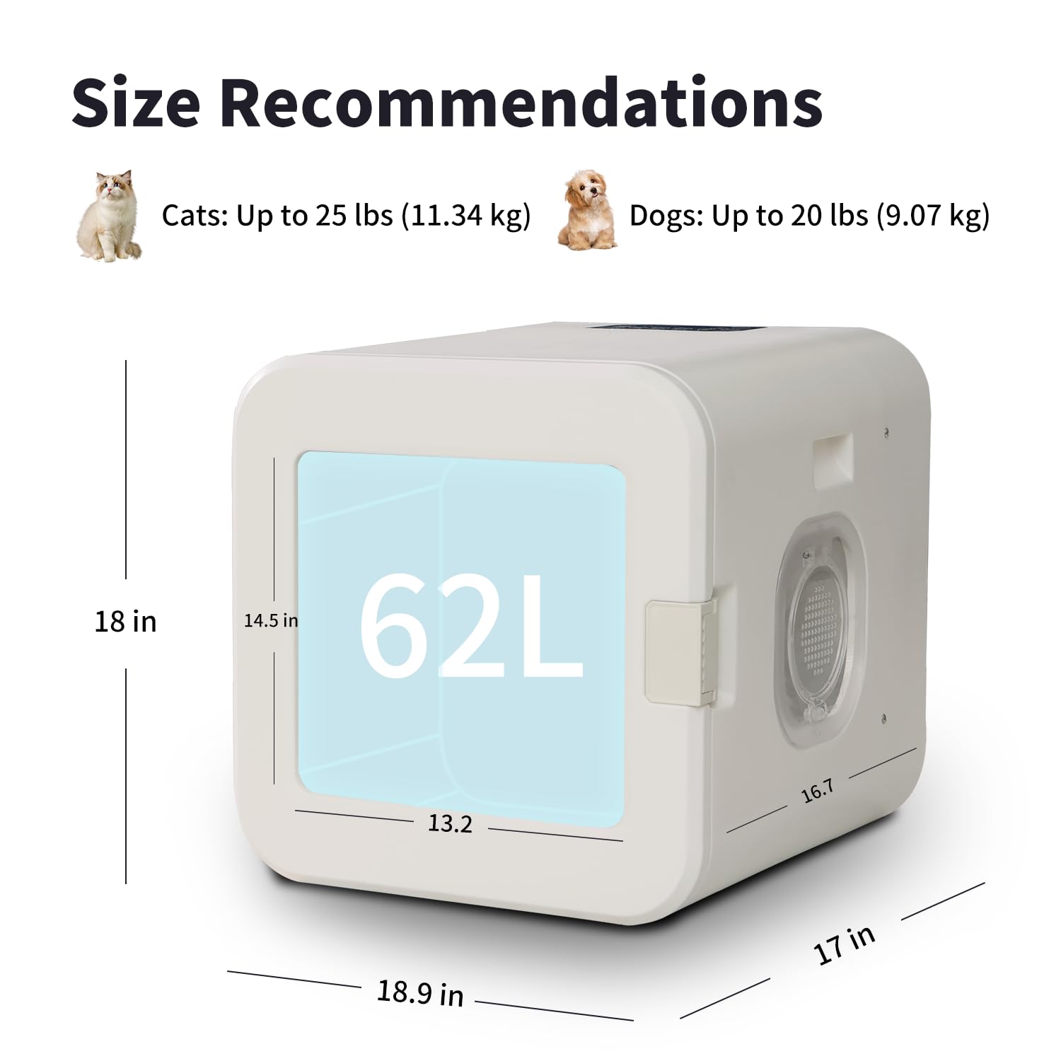 Pet Grooming Dryer Box – Ultra Quiet 62L Pet Hair Dryer, Fully Automatic with Smart Temperature Control, 360° Efficient Airflow, Ideal Cat and Dog Drying Box for Small Pets, White