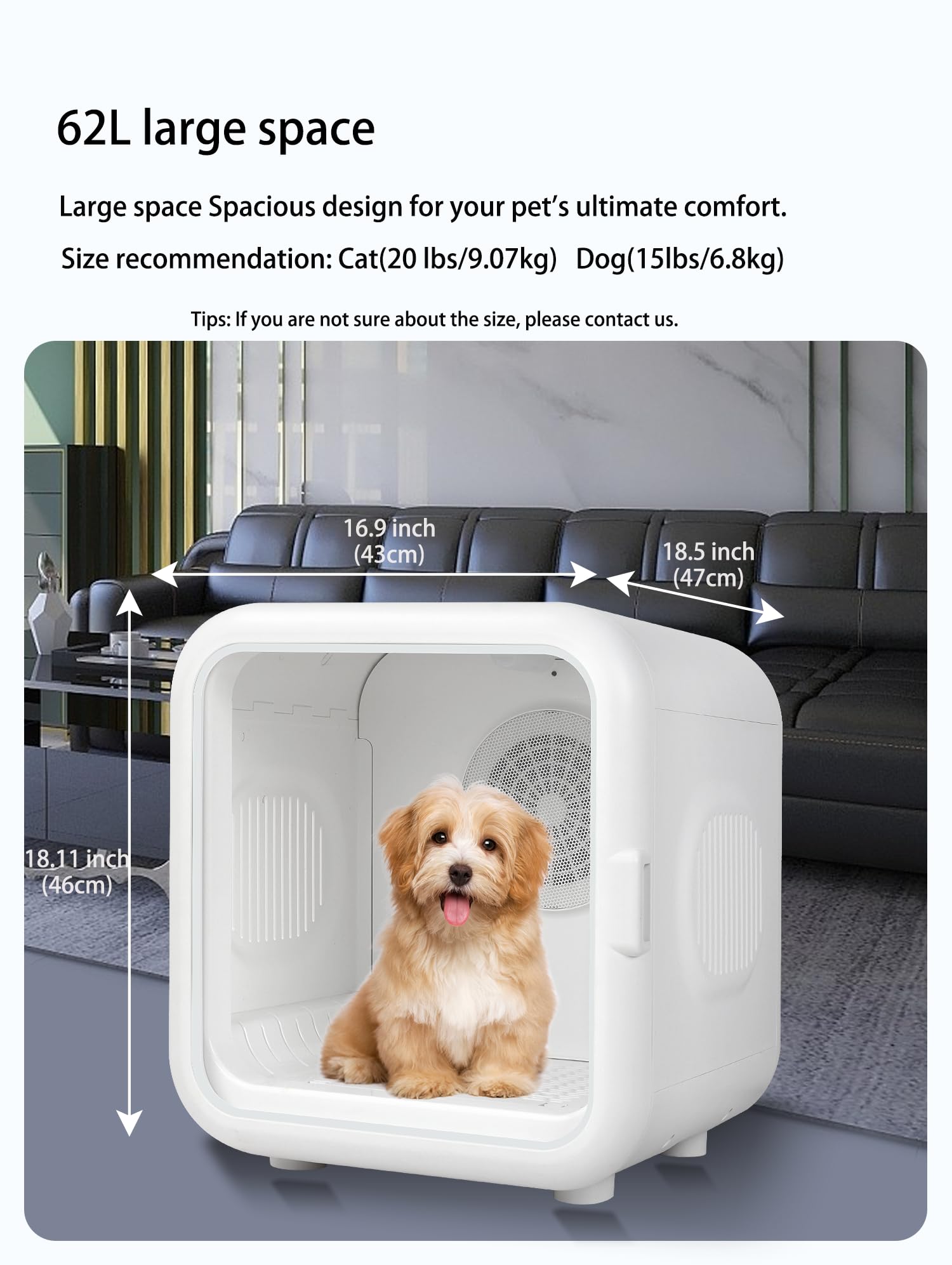 PETEASE 62L Large Capacity Automatic Pet Dryer Box - Smart Temperature Control, Ultra Quiet, Anti-Stress, 360° Efficient, for Cats and Small Dogs (Cube Pet Dryer Box - White)