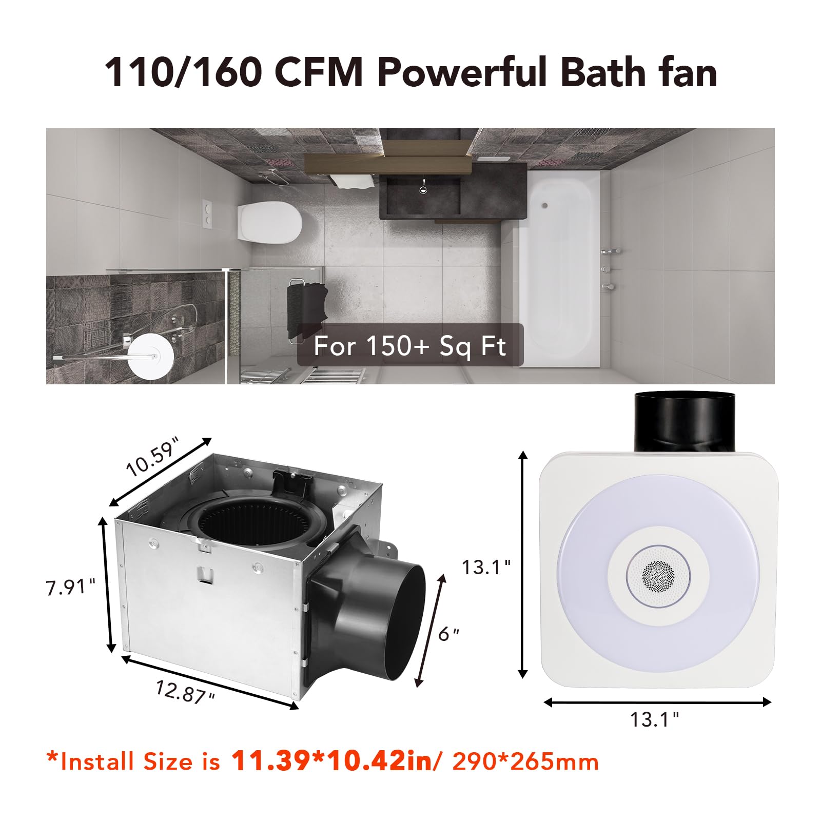 OREiN Bathroom Fan with Bluetooth Speaker, 110/160 CFM 1.0 Sones Bathroom Exhaust Fan with Light, 40W Shower Vent Fan with Light & Remote, 1500lm LED Light 2700K/4000K/6500K & Nightlight, Music Sync