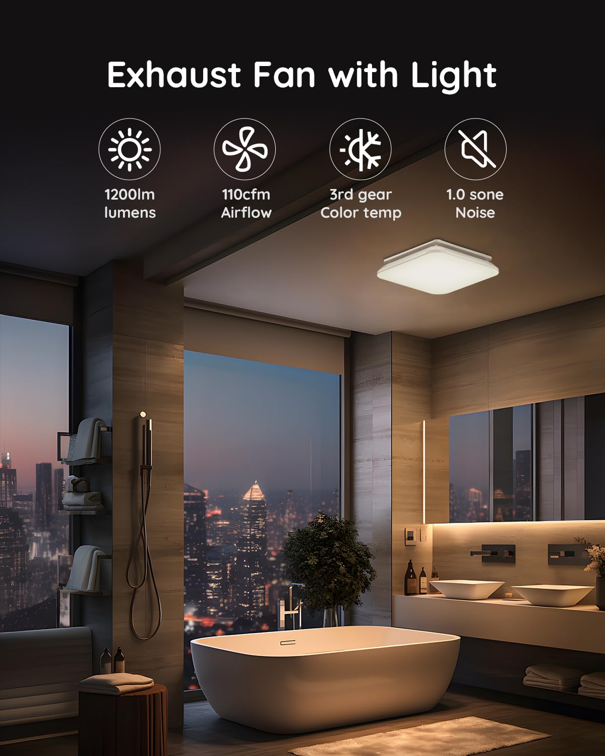 Fitop Bathroom Exhaust Fan with Light, 110 CFM 43W Ceiling Mount Shower Ventilation Exhaust with Light, 1.0 Sones Bathroom Vent with Light, Bathroom Fan 1200LM LED Light 3000K/4000K/5000K