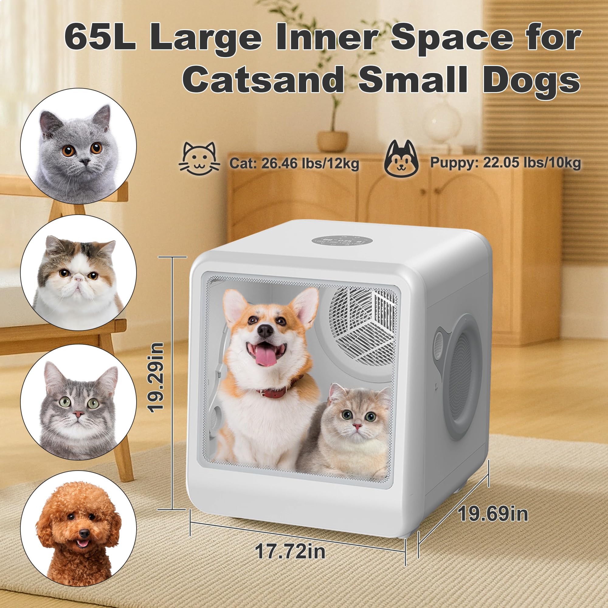 Liyufecor Automatic Pet Dryer Box, 65L Capacity, Ultra-Quiet, 360° Airflow Drying, Smart Temperature Control, Pet Hair Dryer for Cats and Small Dogs(White)